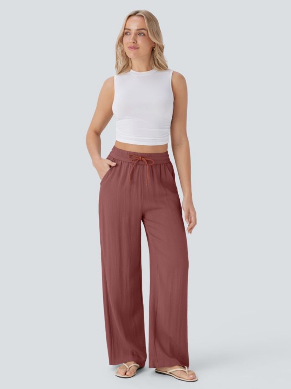 High Waisted Drawstring Pocket Wide Leg Baggy Casual Linen-Feel Pants in Sequoia